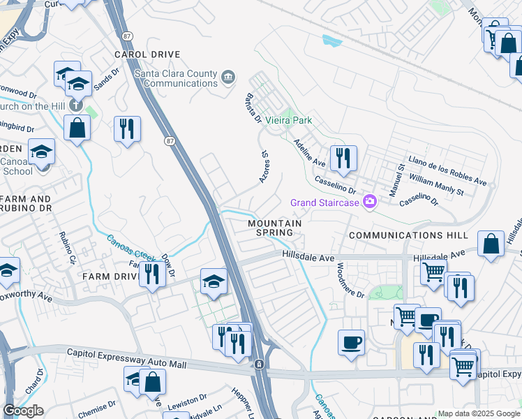 map of restaurants, bars, coffee shops, grocery stores, and more near 221 Mountain Springs Drive in San Jose
