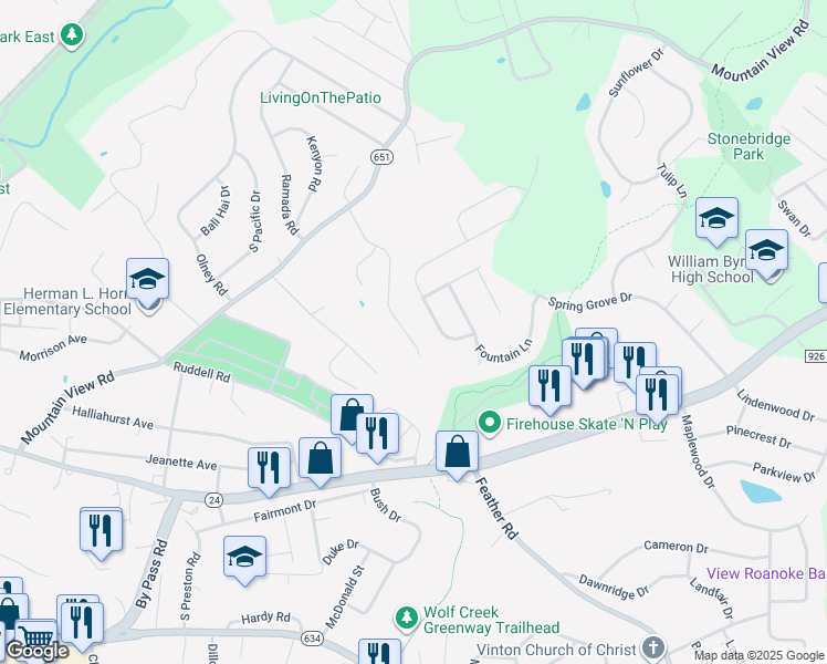 map of restaurants, bars, coffee shops, grocery stores, and more near 1762 Meadows Road in Vinton