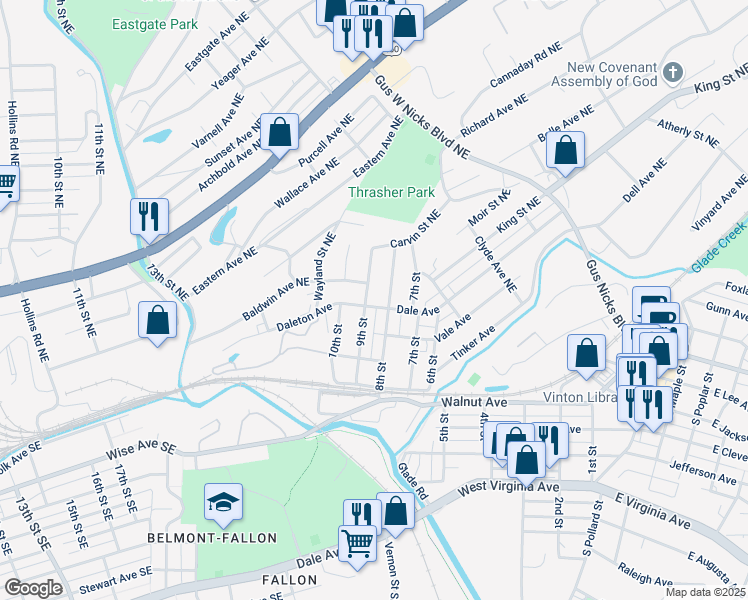 map of restaurants, bars, coffee shops, grocery stores, and more near 805 Dale Ave in Vinton