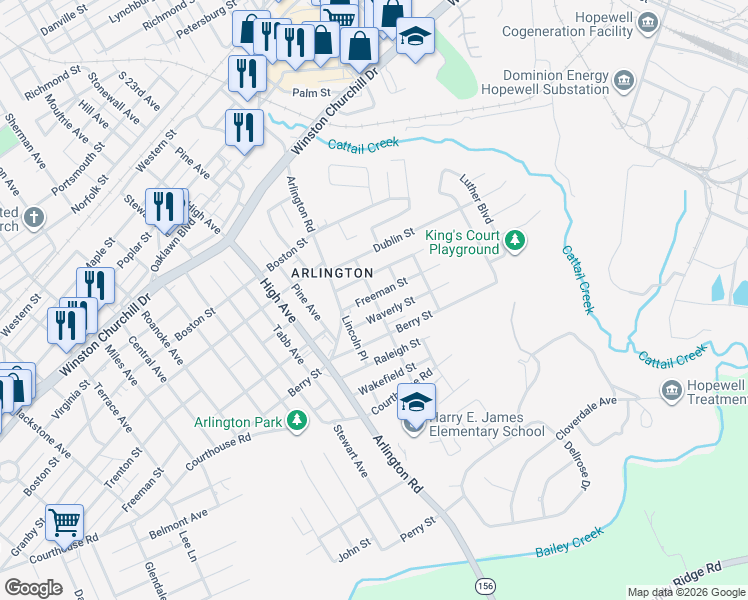 map of restaurants, bars, coffee shops, grocery stores, and more near 2402 Freeman Street in Hopewell