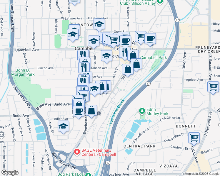 map of restaurants, bars, coffee shops, grocery stores, and more near 206 Sunnyside Avenue in Campbell