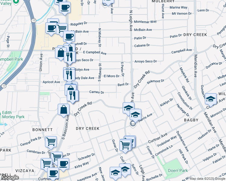 map of restaurants, bars, coffee shops, grocery stores, and more near 1397 Cameo Drive in Campbell