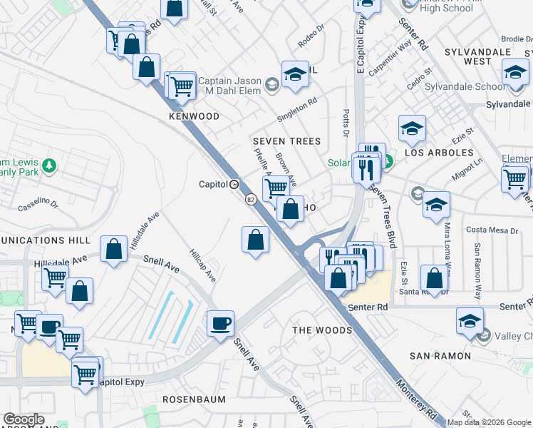 map of restaurants, bars, coffee shops, grocery stores, and more near 3691 Monterey Road in San Jose