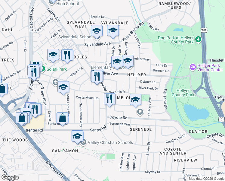map of restaurants, bars, coffee shops, grocery stores, and more near 531 Nokomis Dr in San Jose