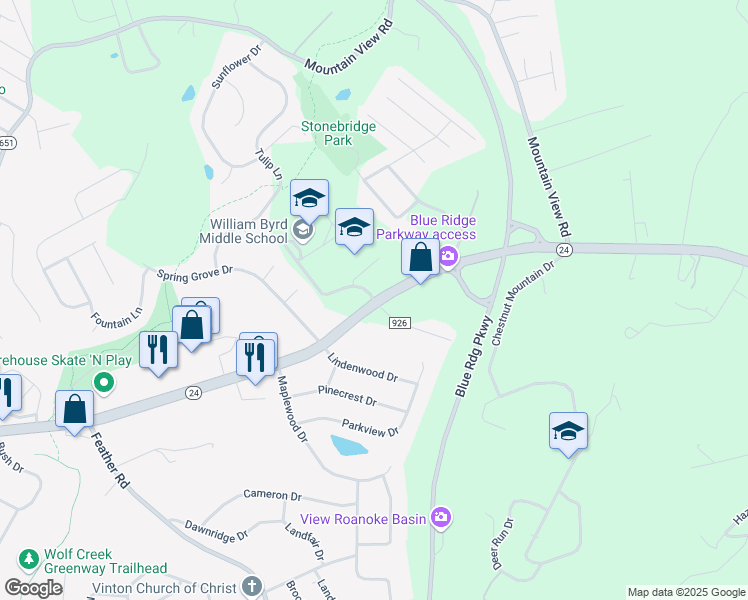 map of restaurants, bars, coffee shops, grocery stores, and more near 2910 East Washington Avenue in Vinton