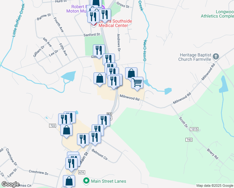 map of restaurants, bars, coffee shops, grocery stores, and more near 1592 South Main Street in Farmville