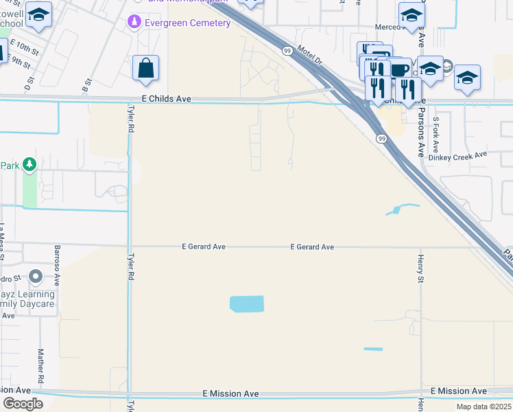 map of restaurants, bars, coffee shops, grocery stores, and more near 1081 East Gerard Avenue in Merced