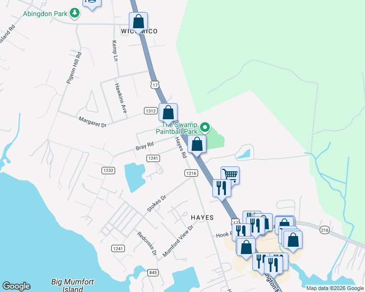 map of restaurants, bars, coffee shops, grocery stores, and more near 2646 Hayes Road in Gloucester Point