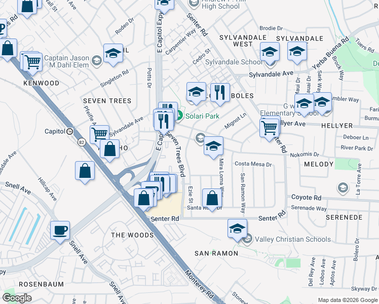 map of restaurants, bars, coffee shops, grocery stores, and more near 3764 Ezie Street in San Jose