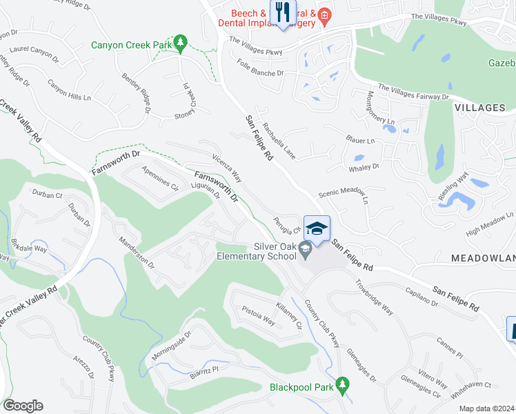 map of restaurants, bars, coffee shops, grocery stores, and more near 5433 Vicenza Way in San Jose