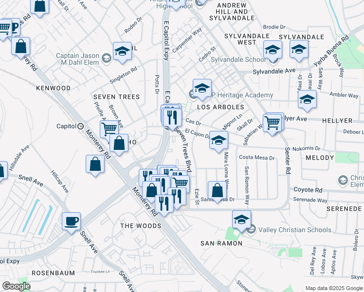 map of restaurants, bars, coffee shops, grocery stores, and more near 3899 Seven Trees Boulevard in San Jose