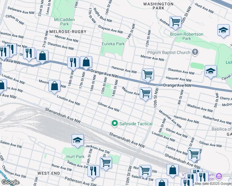 map of restaurants, bars, coffee shops, grocery stores, and more near 601 14th Street Northwest in Roanoke