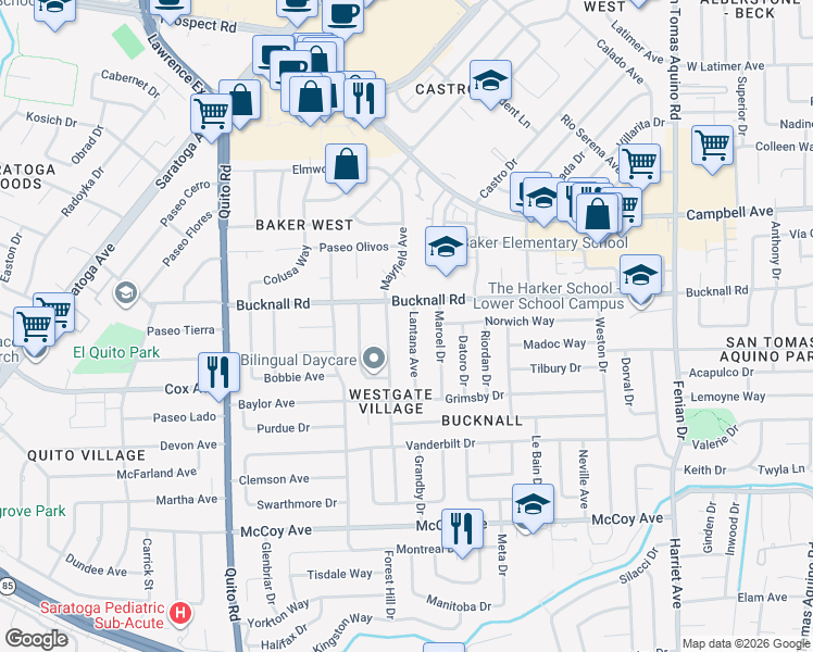 map of restaurants, bars, coffee shops, grocery stores, and more near 12763 Lantana Avenue in Saratoga