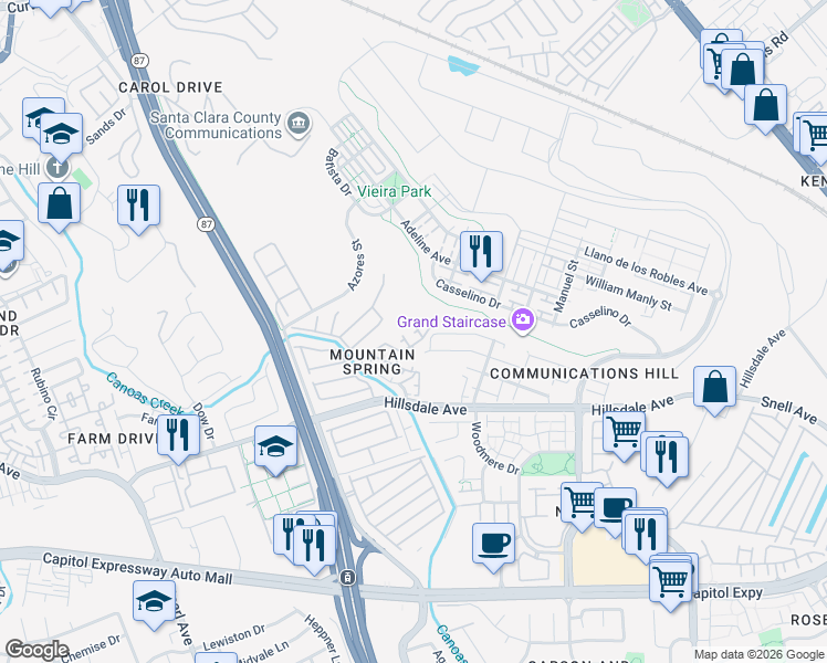 map of restaurants, bars, coffee shops, grocery stores, and more near 620 King George Avenue in San Jose