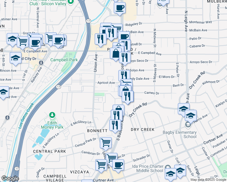 map of restaurants, bars, coffee shops, grocery stores, and more near 2275 South Bascom Avenue in Campbell
