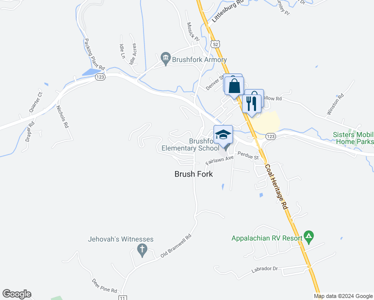 map of restaurants, bars, coffee shops, grocery stores, and more near 202 Leisure Way in Bluefield
