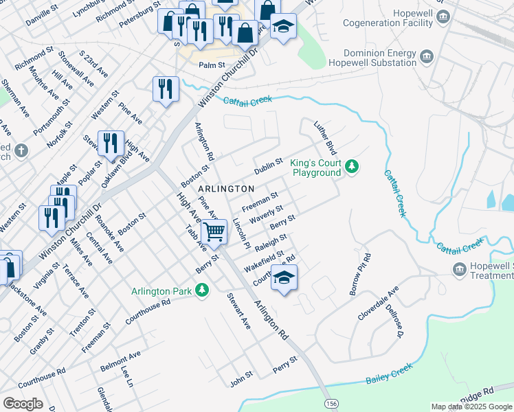 map of restaurants, bars, coffee shops, grocery stores, and more near 2310 Freeman Street in Hopewell