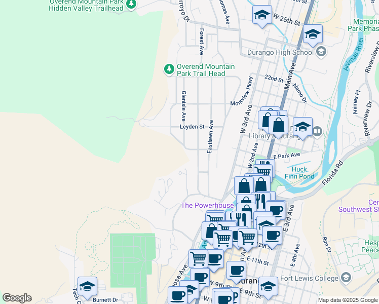 map of restaurants, bars, coffee shops, grocery stores, and more near 705 Kearney Street in Durango