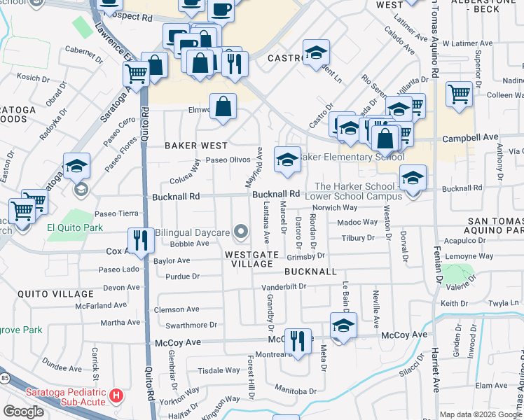 map of restaurants, bars, coffee shops, grocery stores, and more near 12763 Lantana Avenue in Saratoga