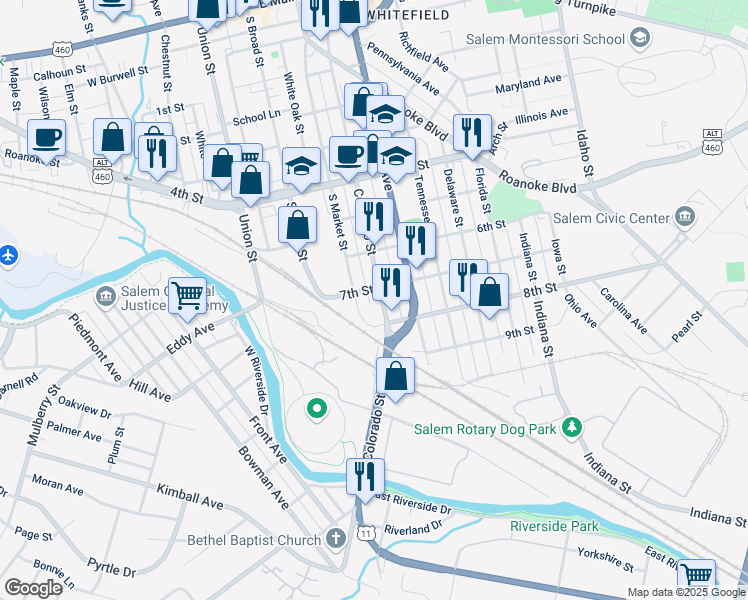 map of restaurants, bars, coffee shops, grocery stores, and more near 911 South Colorado Street in Salem