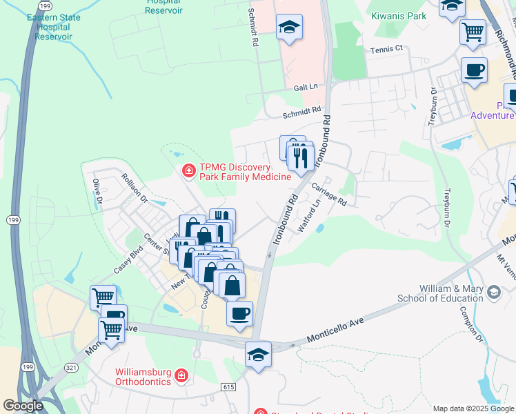 map of restaurants, bars, coffee shops, grocery stores, and more near 606 Glynn Springs Drive in Williamsburg