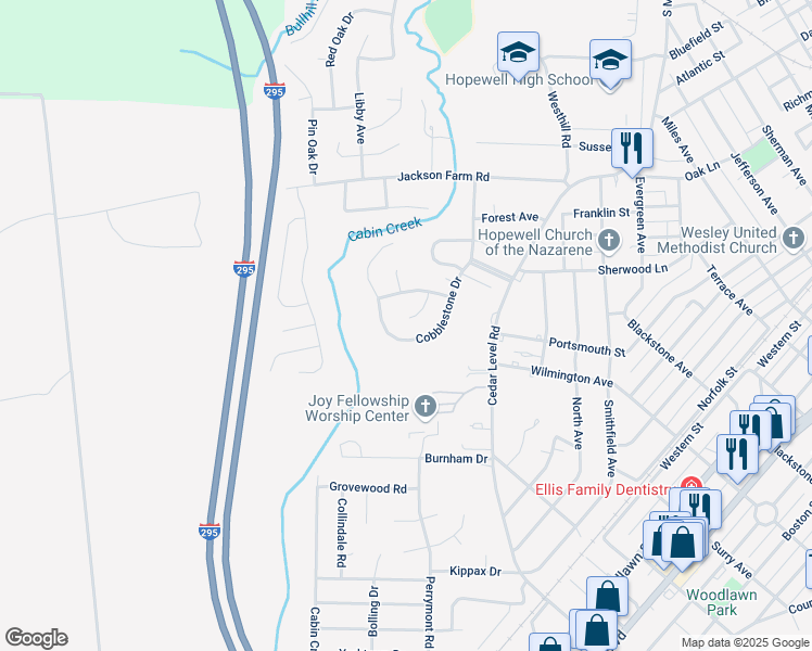 map of restaurants, bars, coffee shops, grocery stores, and more near 419 Stone Hearth Court in Hopewell