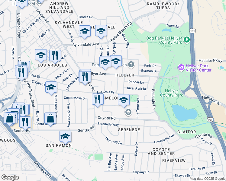 map of restaurants, bars, coffee shops, grocery stores, and more near 4148 Valleybrook Court in San Jose