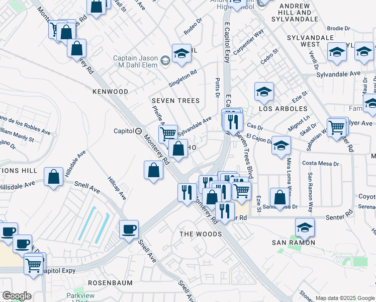 map of restaurants, bars, coffee shops, grocery stores, and more near 77 Rancho Drive in San Jose