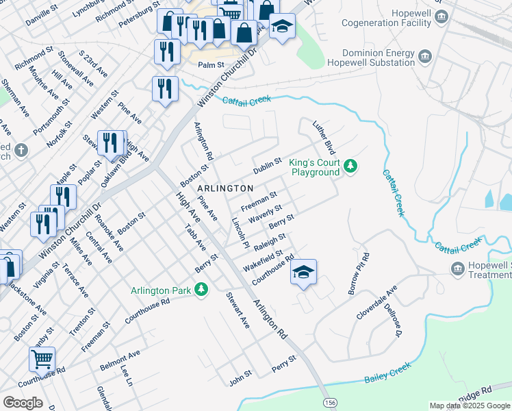 map of restaurants, bars, coffee shops, grocery stores, and more near 2310 Freeman Street in Hopewell