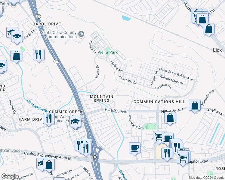map of restaurants, bars, coffee shops, grocery stores, and more near 3057 Elk Ridge Court in San Jose