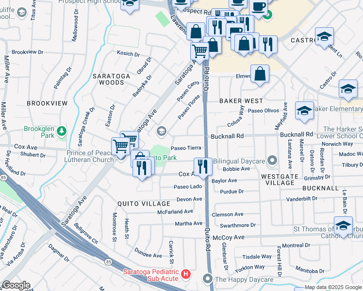 map of restaurants, bars, coffee shops, grocery stores, and more near 18645 Paseo Tierra in Saratoga