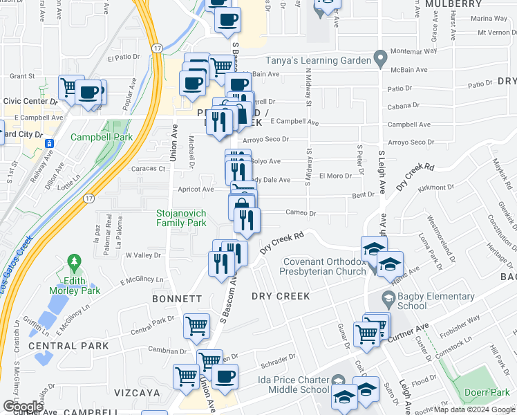 map of restaurants, bars, coffee shops, grocery stores, and more near 272 Moneta Way in Campbell