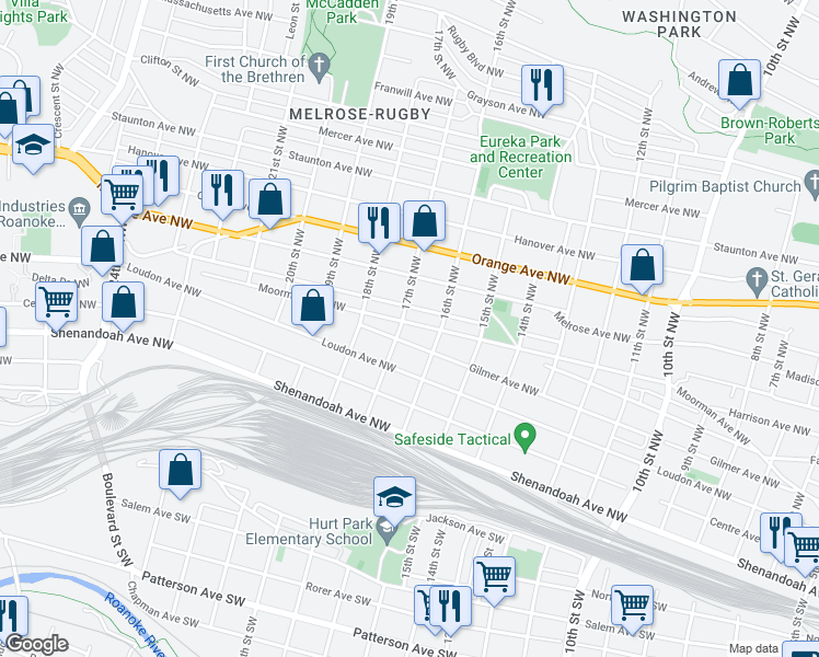map of restaurants, bars, coffee shops, grocery stores, and more near 1628 Moorman Avenue Northwest in Roanoke