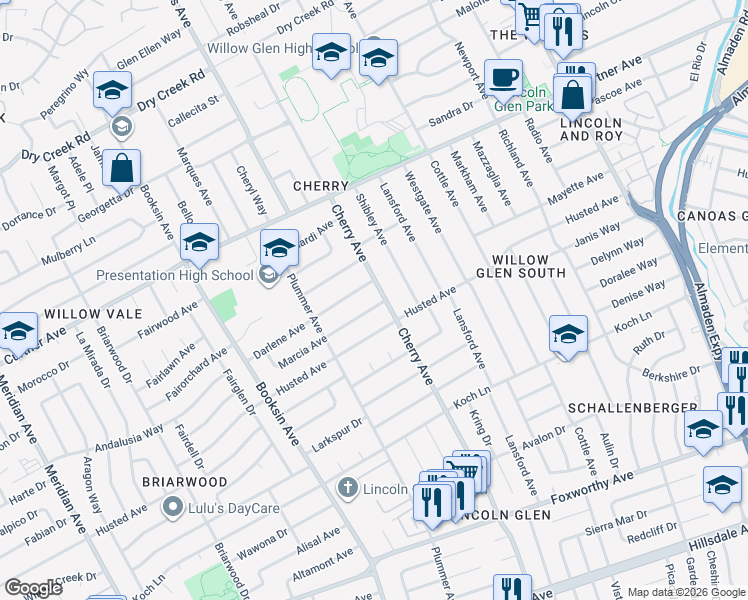 map of restaurants, bars, coffee shops, grocery stores, and more near 1459 Marcia Avenue in San Jose