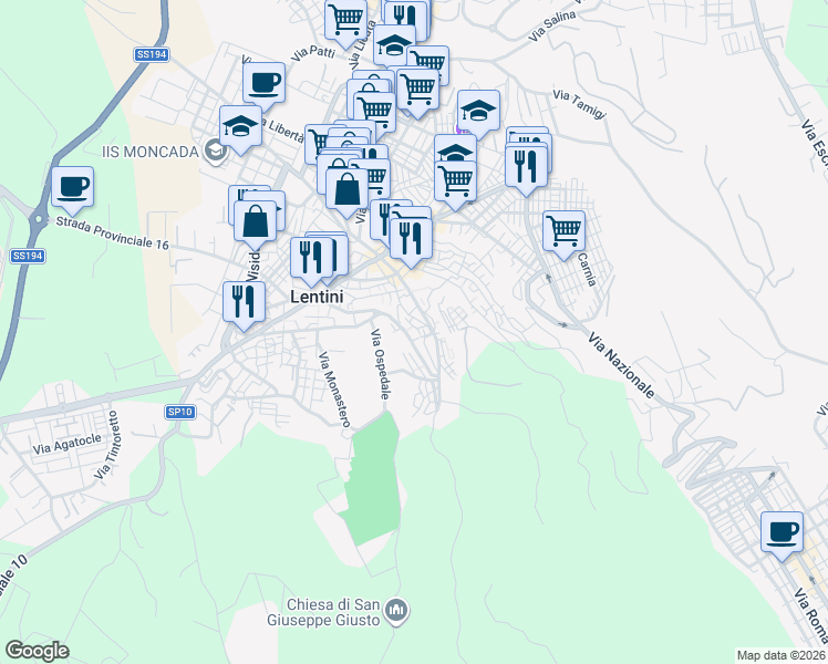 map of restaurants, bars, coffee shops, grocery stores, and more near 119 Via San Francesco D'Assisi in Lentini