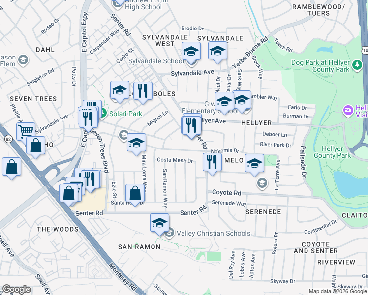 map of restaurants, bars, coffee shops, grocery stores, and more near 451 El Cajon Drive in San Jose