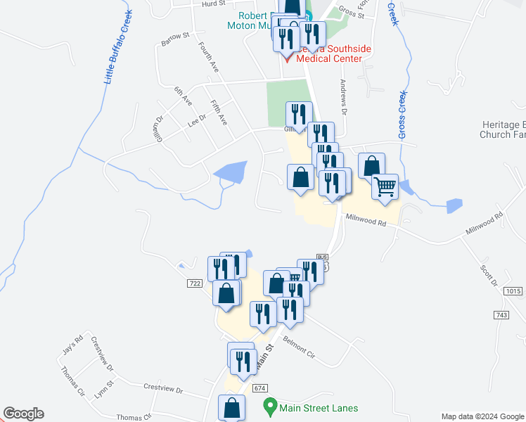 map of restaurants, bars, coffee shops, grocery stores, and more near 111 Cabell's Court in Farmville