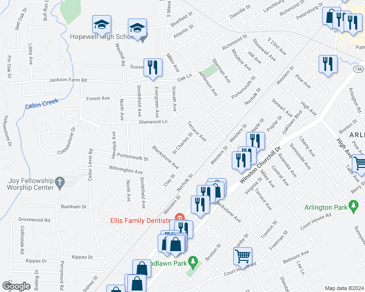 map of restaurants, bars, coffee shops, grocery stores, and more near 3200 Saint Charles Street in Hopewell