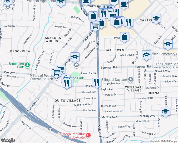 map of restaurants, bars, coffee shops, grocery stores, and more near 18645 Paseo Tierra in Saratoga