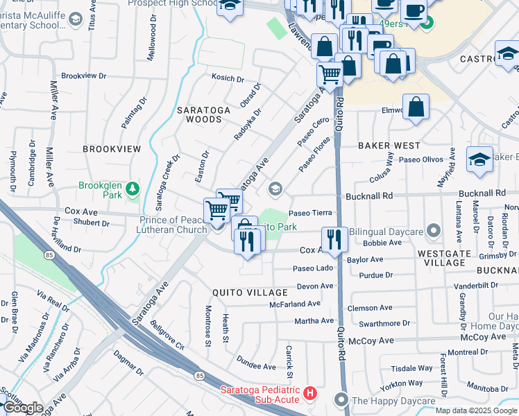 map of restaurants, bars, coffee shops, grocery stores, and more near 18900 Sara Park Circle in Saratoga