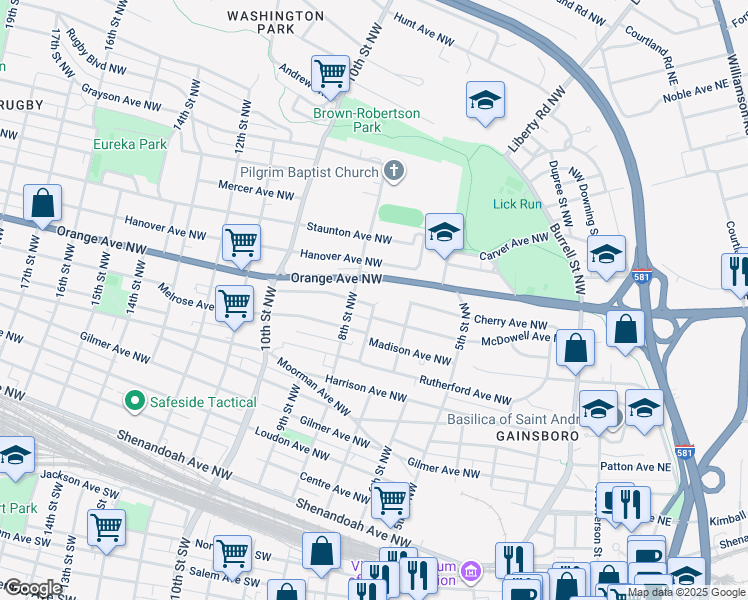 map of restaurants, bars, coffee shops, grocery stores, and more near 701 McDowell Avenue Northwest in Roanoke