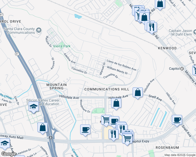 map of restaurants, bars, coffee shops, grocery stores, and more near 304 Casselino Drive in San Jose