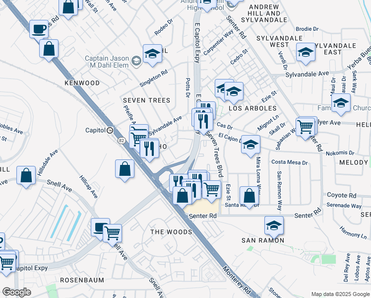 map of restaurants, bars, coffee shops, grocery stores, and more near 132 Rancho Drive in San Jose
