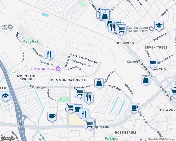 map of restaurants, bars, coffee shops, grocery stores, and more near 3052 San Jose Vineyard Court in San Jose