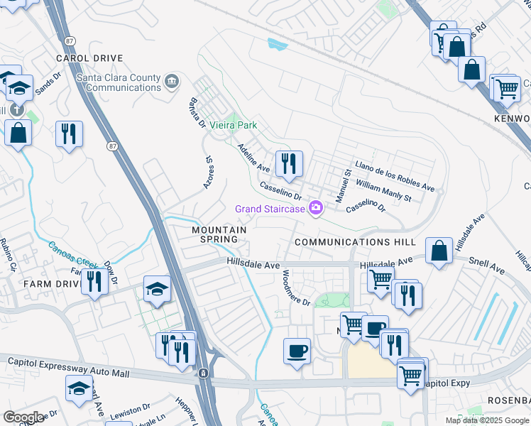 map of restaurants, bars, coffee shops, grocery stores, and more near 620 King George Avenue in San Jose