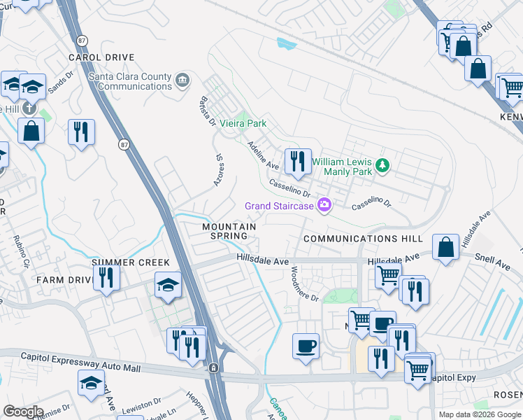 map of restaurants, bars, coffee shops, grocery stores, and more near 620 King George Avenue in San Jose