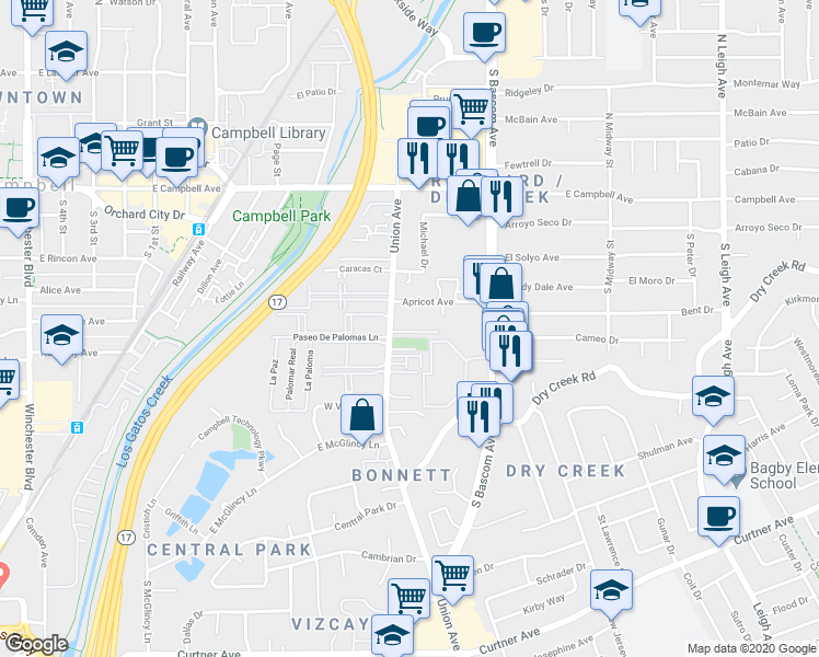 map of restaurants, bars, coffee shops, grocery stores, and more near 300 Union Avenue in Campbell