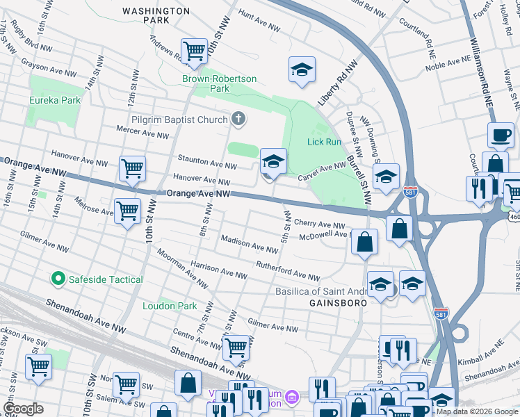 map of restaurants, bars, coffee shops, grocery stores, and more near 552 Chestnut Avenue Northwest in Roanoke