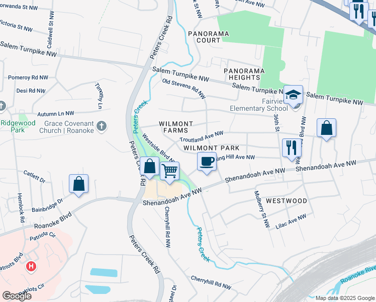 map of restaurants, bars, coffee shops, grocery stores, and more near 3856 Wilmont Avenue Northwest in Roanoke