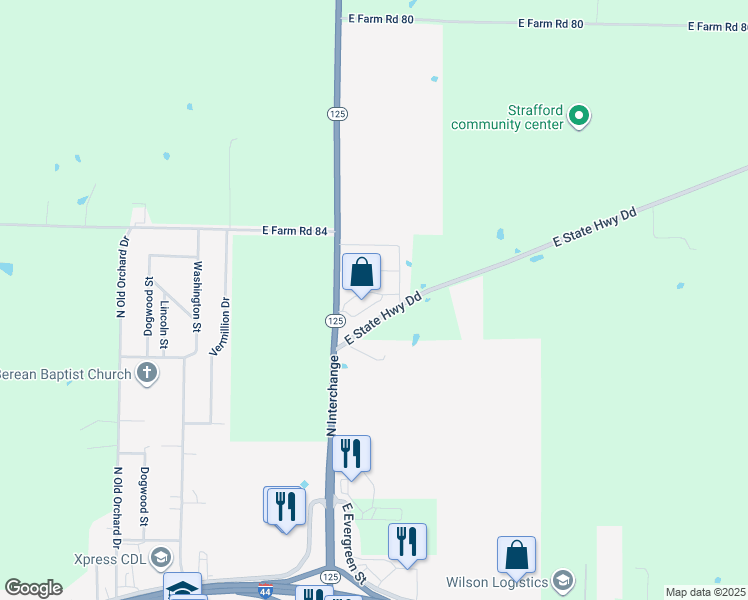 map of restaurants, bars, coffee shops, grocery stores, and more near 384 East State Highway Dd in Strafford